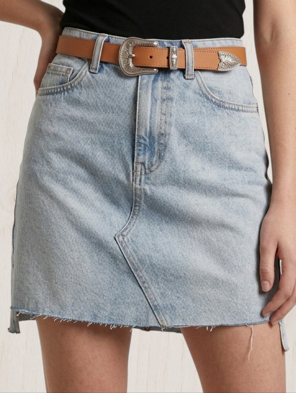 Rock & Roll Denim Mini Skirt High Rise Size 26 Cotton Light Blue Wash Raw Hem